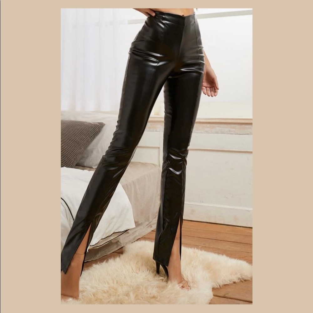 Black faux leather flare pants